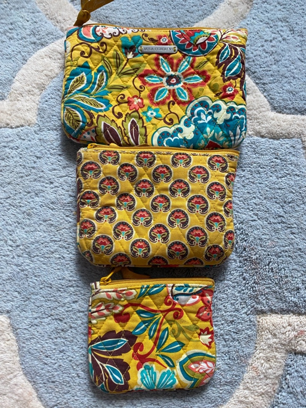 Vera Bradley Provincial  Yellow Floral Quilted Lined Pouch Trio